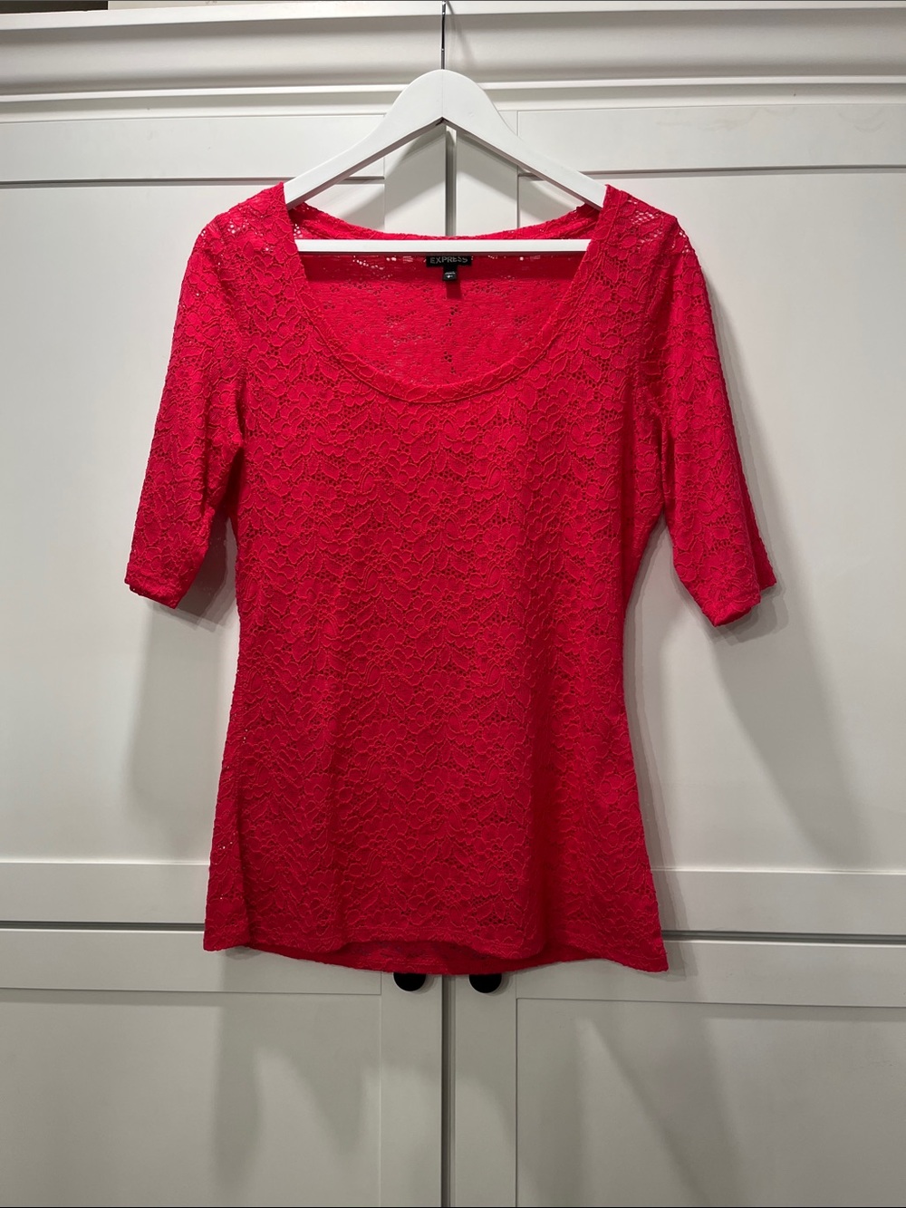 Express Hot Pink Lace Scoop Neck Shear Blouse